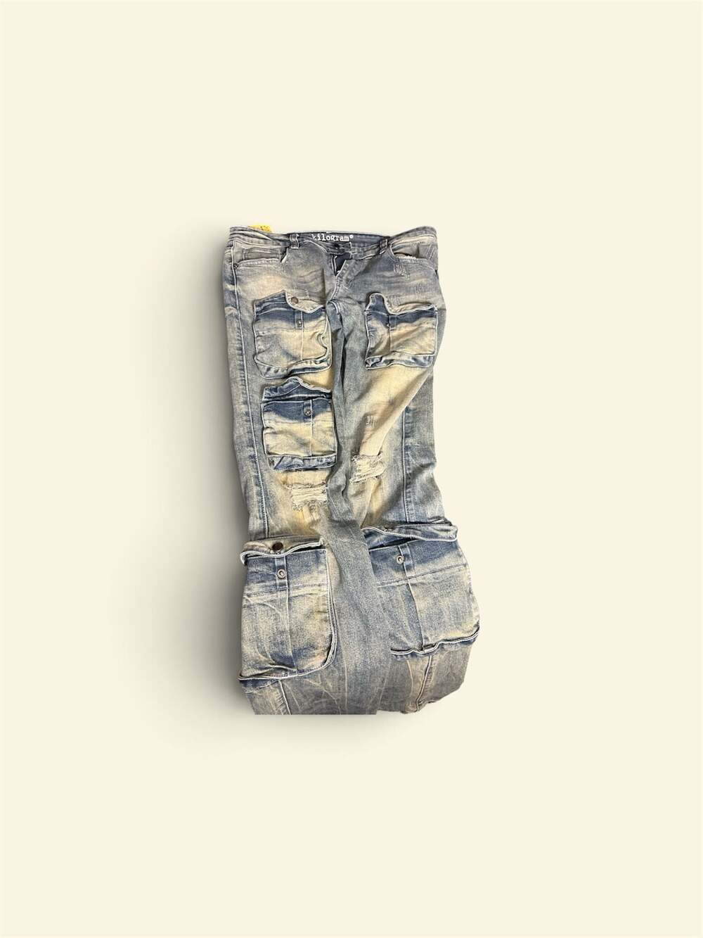 Kilogram Distressed Light Wash Multi-Pocket Cargo Stacked Denim Jeans